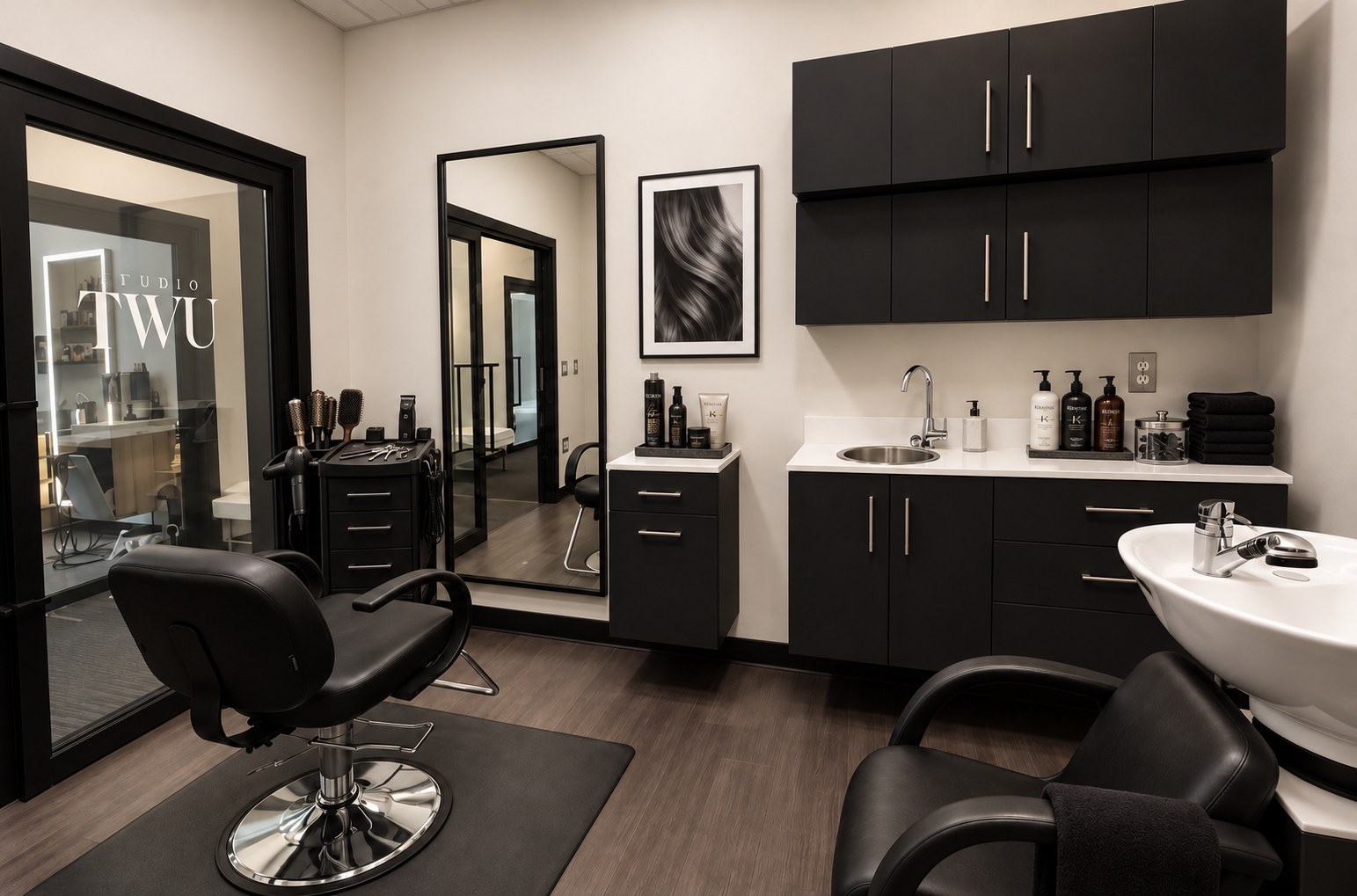 StudioTWU's suite: black cabinetry, one chair, the name frosted on the glass door.